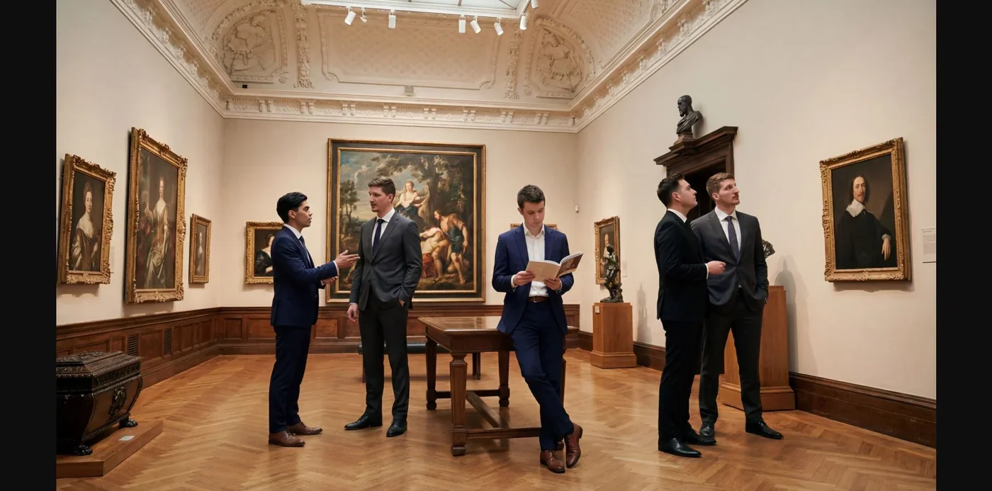 The founders in a gallery, in conversation among the paintings