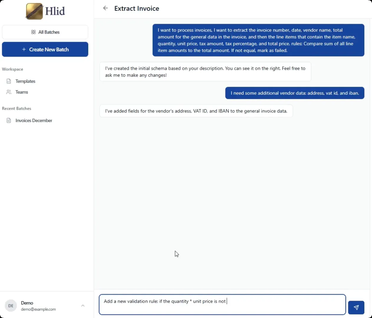 HLiD: extracting invoice fields in conversation. Illustrative interface with sample data.